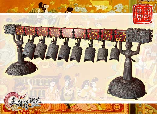 8件古編鐘，銅人銅座裝飾，可發(fā)音